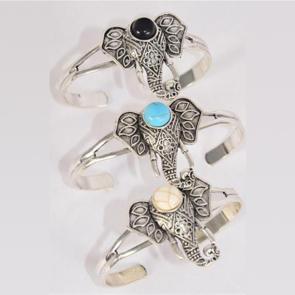 Bohemian Boho Elephant Charm Silver Cuff Bracelet